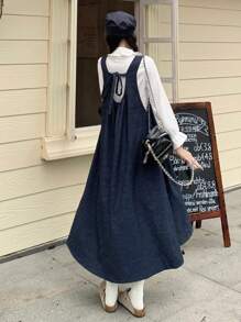 DAZY Women's Round Neck Pleated Korean Style Mid-Length Denim Dress - Blue - View 2