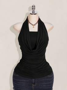 SHEIN ICON 加大码 2 件西方女性外出夏季波西米亚风挂脖棕色露背女式背心和吊带背心 - 黑色 - 查看 3