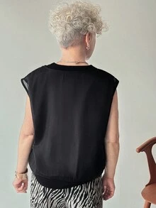 FRIFUL Women V-Neck Mesh Patchwork Loose Sleeveless Vest Shirt, Autumn - Black - View 4