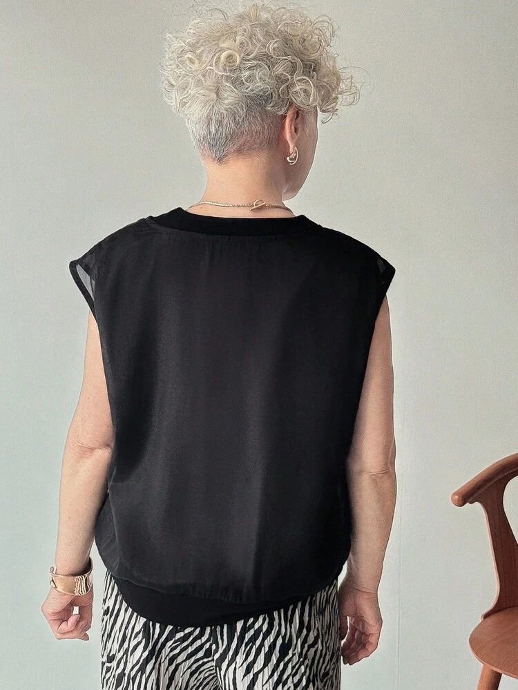 FRIFUL 女式V领网眼拼布宽松无袖背心衬衫，秋季 - 黑色 - 查看 4