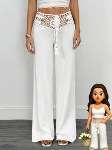 SHEIN Tall Quần len ống rộng đan móc phong cách du lịch giản dị thời trang cho nữ vào mùa thu/đông - trắng - Xem 5