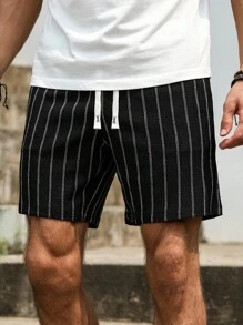 Manfinity Homme 男士夏季休闲日常通勤条纹印花抽绳腰斜口袋宽松短裤 - 黑色 - 查看 3