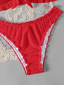 Swim Mod Women's Solid Color Ruffle Twist Bandeau Bikini Set For Summer Beach Vacation - Red - View 5