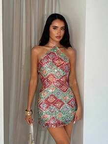 Glamine Women's Sexy Halter Neck Sequin Geometric Print Summer Bodycon Dress Sequin Mini Dress Multicolor Sequin Dress Bodycon Mini Dress Halter Neck Dress Party Dress Wedding Guest Dress Women Halter Neck Mini Dress Halter Mini Dress