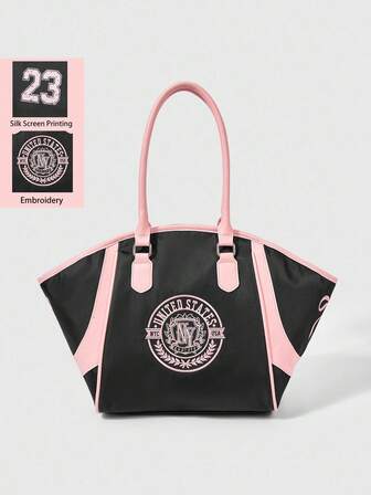 Grunge Punk Damen Retro Baseball Tragetasche, süße numerische Schleife Stickerei, modische große Schultertasche für den Alltag, geeignet für Einkaufen, Schule