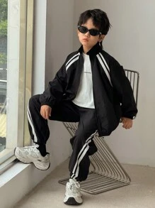 SHEIN 2 件套青少年男孩休闲韩版宽松立领夹克和抽绳裤套装，适合秋冬运动休闲 - 黑色 - 查看 5