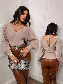 Xyvia Women's French Style V-Neck Criss-Cross Hem Waist Design Sweater,Maillard Style Fall Winter Cloth For Women - Khaki - View 6