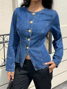 Siren Gaze Women's Blue Denim Jacket With Round Neck, Long Sleeves And Waist, Decorated With Metal Buttons, Suitable For Korean-Style Workplace Wear In Autumn Winter Casual Spring - Dark Wash - View 5