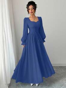 Modelyn 女式纯色甜心领长袖高端收腰连衣裙 - 寶藍色 - 查看 4