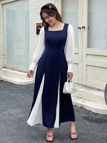 2024 秋冬新款少女优雅雪纺拼色连衣裙，适合派对和通勤 - 藏蓝色 - 查看 1