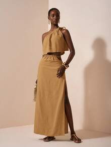 Zivah Conjunto de 2 piezas de top corto sin mangas con lazo y falda recta suelta con cintura asimétrica, material de fibra de bambú, color albaricoque, nuevo lanzamiento de verano 2025 para Día de la Madre, boda, fiesta de cumpleaños, casual, vacaciones, estilo callejero, elegante, oficina