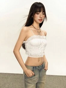 INAWLY Y2K 女子组合镂空刺绣蕾丝短款吊带背心夏季上衣 - 白色 - 查看 7