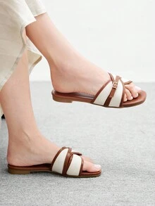 CUCCOO BIZCHIC Women's Fashion Brown Simple Buckle Color Block Flat Sandals Spring Shoes Summer Shoes - Brown - View 5