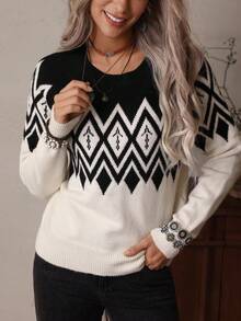 Women's Two-Tone Jacquard Bohemian Western Casual Sweater, LanaWest Fall Winter Cloth For Women - Black - View 3