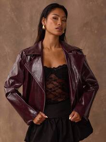 SHEIN BAE 女式纯色时尚短款拉链风衣 - 酒紅色 - 查看 7