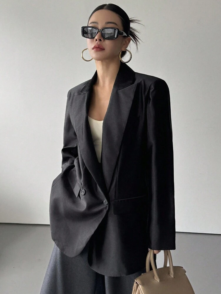 Women's Loose Fit Long Sleeve Lapel Collar Wide Shoulder Casual Vintage Jacket, Autumn/Winter Business Attire