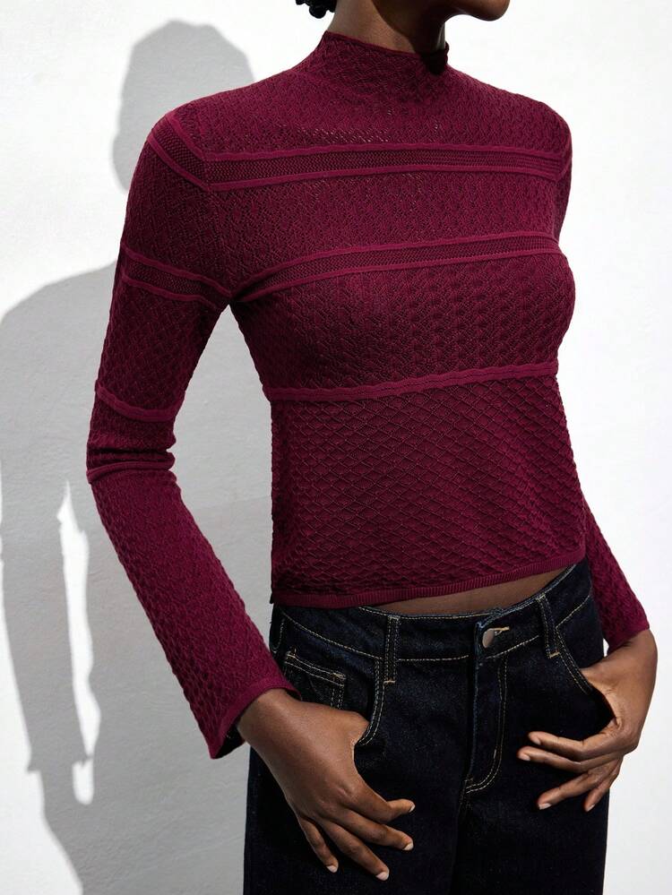 SHEIN Maija Women's Stand Collar Long Sleeve Hollow Design Fitted Fashionable Sweater Burgundy Tops For Women Wine Red Top Maroon Top Turtle Neck Top Dark Red Top Casual Tops Red Top Fall Sweaters Halloween Sweater Going Out Tops Casual Tops Women Rave Burgundy Top Chic Autumn Christmas Women's Christmas Jumper Going Out Tops Burgundy Tops
