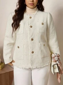 Zelara Plus Size Jacket, Fashionable And Elegant Tassel Edge Commuter Jacket, Round Neck Long Sleeve Exquisite Lady Style Jacket, Woven Textured Fabric, Four Pockets, Metal Button Decoration, Front Center Button, Upgraded Warmth Effect Women'S Autumn Clothing, Winter Jacket, Women'S Winter Clothing, Halloween Costume Women, Halloween Jacket, Business Professional Women, Business Casual Women, Elegant And Fashionable Commuter, Commuter Simple Office Old Style Jacket, Elegant Jacket, Waist Slim Jacket, Suitable For Daily Wear, Functional Pockets Fall - White - View 7