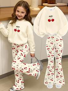SHEIN Leap Crew Tween 女童复古可爱樱桃印花宽松圆领运动衫和喇叭裤两件套休闲套装