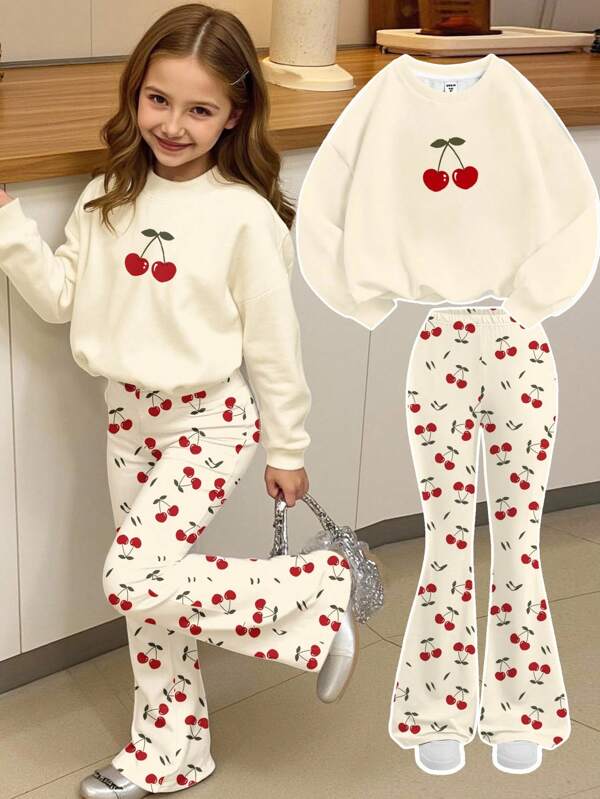SHEIN Tween Girls' Retro Cute Cherry Print Loose Crew Neck Sweatshirt And Flare Leg Pants 2 Pieces Casual Set Fall Winter