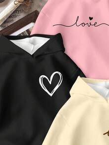 Set de 3 piezas/Paquete Corazón pintado a mano, Estampado de amor, Sudadera holgada y cómoda de manga larga para niña preadolescente, Crema amarillento + Rosa fresco + Negro, Adecuado para otoño/invierno, Vuelta al colegio, Estilo años 2000, Ropa estilo coreano, Ropa de otoño, Ropa de invierno, Homecoming, Ropa de invierno, Grunge, Rayas, Comodidad fácil, Ropa de niños con estilo - Multicolor - Ver 6
