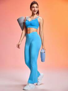 SHEIN Sovereign Charm Women's Solid Color Minimalist Seamless Leggings, Everyday Wear Yoga Pants - Blue - View 5
