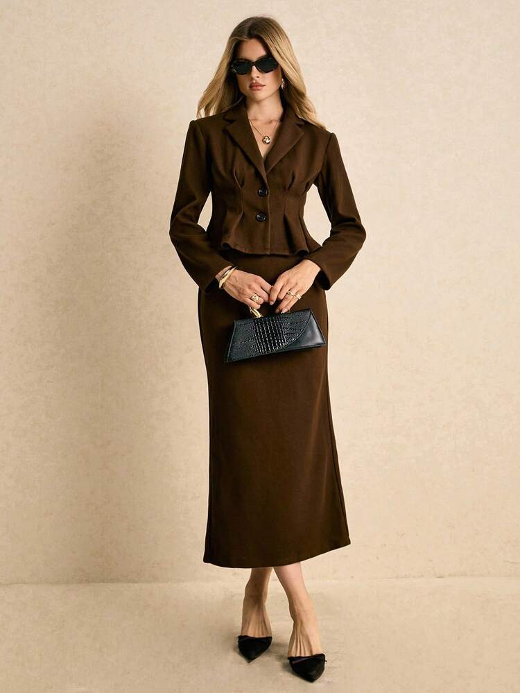 Poéselle Bộ đồ công sở đơn giản dành cho nữ – Áo blazer ngắn ôm eo và chân váy midi hai mảnh, bộ đồ công sở thanh lịch mùa thu 2025, bộ váy công sở, bộ váy midi, áo blazer ôm eo, bộ đồ công sở, hai mảnh - Rỉ Nâu - Xem 7