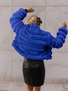 Firerie 女士纯色长袖仿皮草夹克 - 寶藍色 - 查看 2