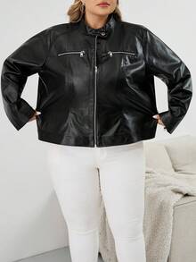 SHEIN CURVE+ 大码女式长袖 PU 皮革修身拉链夹克，带保暖衬里，大码女装 8xl 女装大码 8xl 皮夹克女式大码皮夹克冬季秋季秋冬 - 黑色 - 查看 5