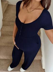 SHEIN 孕妇拼布前扣系腰休闲连体裤 - 藏蓝色 - 查看 5