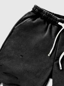 ROMWE MEN Street Life Men's Distressed Drawstring Waist Pocket Loose Shorts - Black - View 3