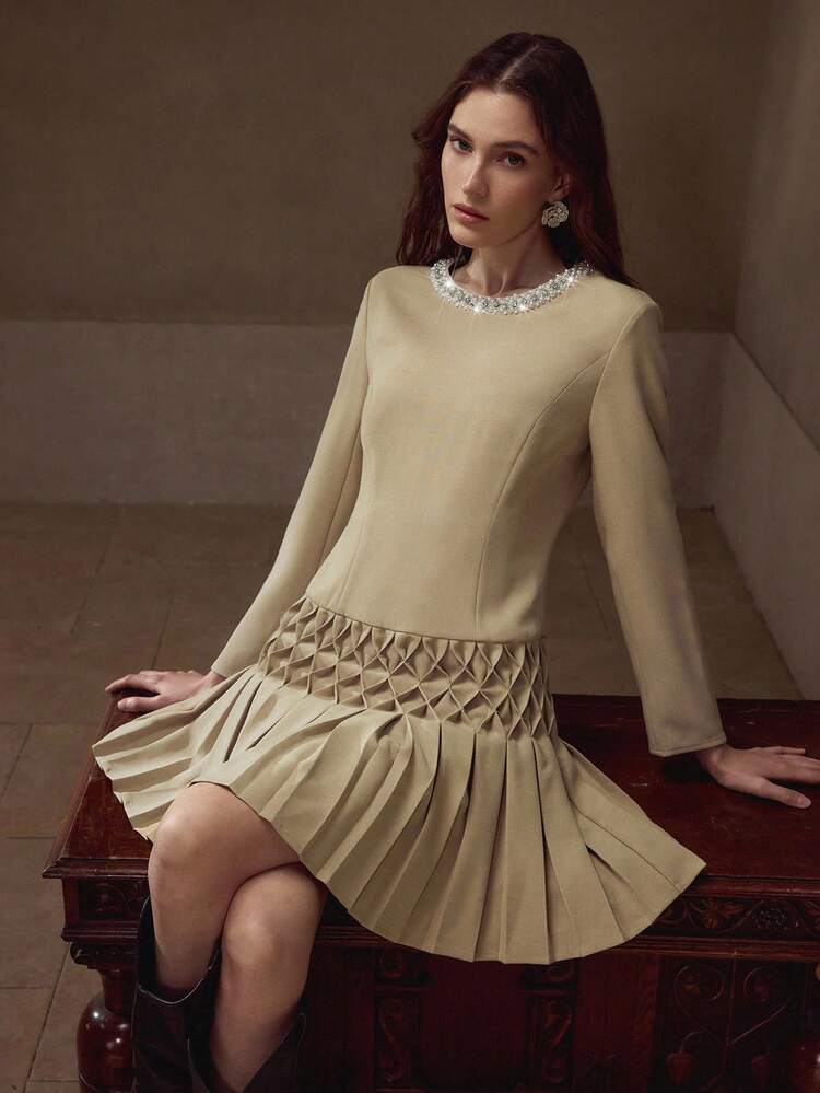 FAUX PEARL TRIM PLEATED DRESS