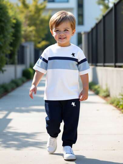 SHEIN 男童休闲简约可爱拼色运动休闲圆领短袖上衣和裤子两件套，秋季