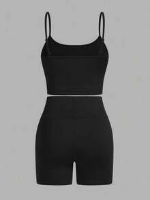 SHEIN Essnce Plus Size Women Summer Outfits For Women Beachwear Vacation Outfits Woman Easter Beach Outfits For Woman Workout Sets Women Business Casual Woman Gym Lounge Sets For Women Office Outfits For Women Rave Outfits Festival Cruise Attire Women Summer Shorts Joggers Vacation Two Pieces Set Teacher Graduation Outfit Minimalist Striped Shirt, Solid Color Camisole And Shorts Casual Set - Black - View 5