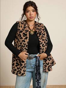 Freevana 大码女式休闲毛绒质感双口袋豹纹开襟背心外套，适合秋季穿着 - 彩色 - 查看 7