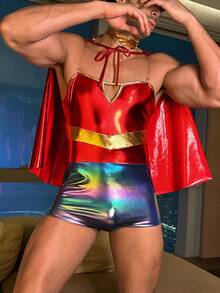 3 件套超级英雄服装套装：仿皮连体衣、头饰和斗篷、修身镂空抹胸，适合酒吧、派对、男士、万圣节 - 彩色 - 查看 4