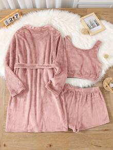 SHEIN 3pcs Teen Girl Pink Minimalist Comfortable Long Sleeve Robe, Short Vest & Shorts Soft Flannel Pajama Set, Autumn/Winter - Pink - View 2