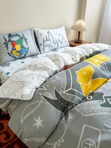 HARRY POTTER X SHEIN 3pc Animal Badge & Letter Print Reversible Duvet Cover Set, Suitable For Single Bed/Double Bed/Queen Bed/King Bed, Dormitory/Home - Grey - View 6