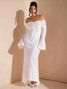 SHEIN BAE Váy Maxi đuôi cá dài tay ren trắng trễ vai thanh lịch dành cho nữ, thích hợp cho đám cưới, tiệc tùng, váy phù dâu, váy tốt nghiệp màu trắng - Màu be - Xem 5