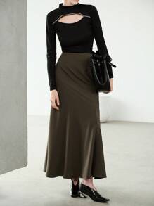 Uhlyne 女士休闲优雅日常通勤梭织纯棕色修身喇叭裙，秋季 - 咖啡棕 - 查看 3