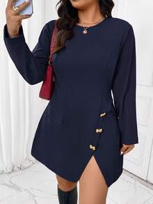 SHEIN Frenchy 优雅简约红色金属扣腰部 A 字加大码连衣裙，适合办公室、通勤、派对、聚会、新年、圣诞节 - 藏蓝色 - 查看 4