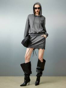 Airlisse 2件套：英式刺绣连帽衫和蕾丝拼布裙 - 深灰色 - 查看 4