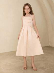 少女优雅奢华浅粉色无袖高低领大蝴蝶结长裙，适合度假、晚会、婚礼、花童、生日、学校舞会、圣诞节、万圣节、毕业典礼等场合 - 淺粉色 - 查看 4