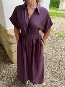 Jeta Ari Chic V-Neck Single-Breasted Twist Waist Long Dress, Women's Vacation/Festival/Going-Out Outfits, Spring/Summer Casual Dresses For Women - Purple - View 3