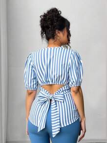 Elenzga Camisa casual ajustada a rayas para mujer de talla grande con diseño único de lazo en la espalda - Multicolor - Ver 2