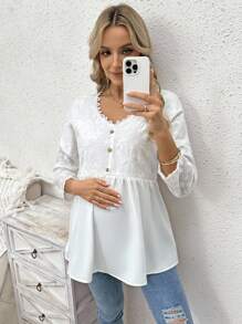 SHEIN Top d'allaitement élégant à manches mi-longues, col rond, avec patchwork en dentelle - Blanc - Voir 5