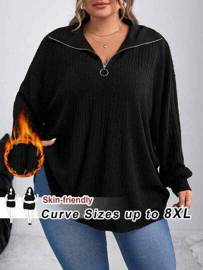 SHEIN CURVE+ Plus Size French Casual Zip-Up Ribbed Knit T-Shirt, Autumn/Autumn /Winter