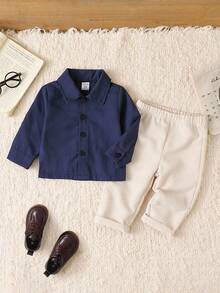 Souflis Souflis 2pcs Baby & Toddler Boys' Casual Blue Long Sleeve Shirt And Beige Corduroy Pants Set, Suitable For Daily Wear And Back To School Fall Winter - Multicolor - View 2