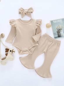 SHEIN Vintaside Kids 嬰兒女寶寶分層荷葉邊連體褲套裝 和喇叭褲和頭帶