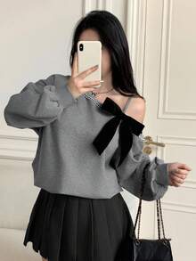 Modelyn Áo nỉ ngắn tay dáng rộng, thắt nơ chéo vai phong cách Hàn Quốc thu/đông - Màu xám đen - Xem 4